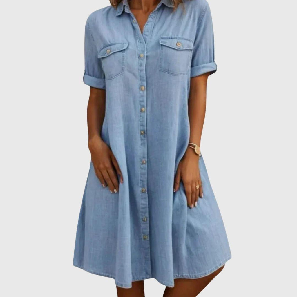 Maria | Denim Mini Dress with Side Pockets - Eline Carter