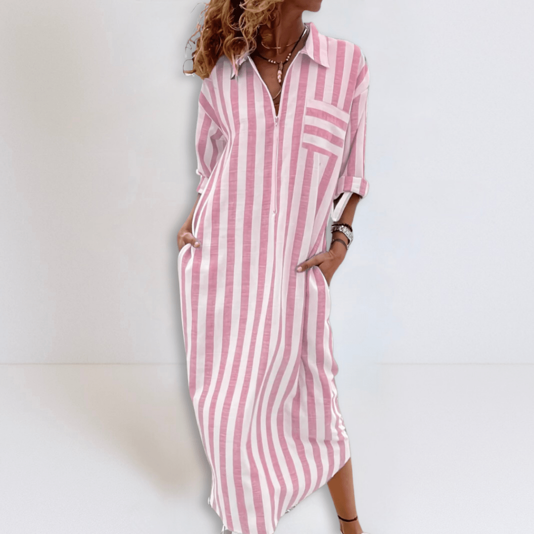 Michelle | Elegant Striped Dress with V - Neckline - Eline Carter