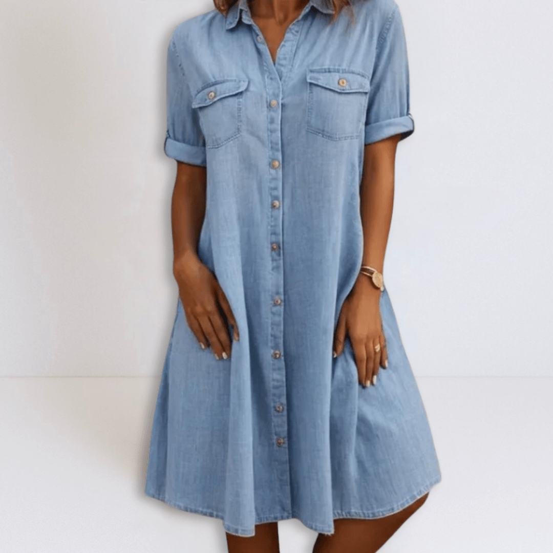 Maria | Denim Mini Dress with Side Pockets - Eline Carter