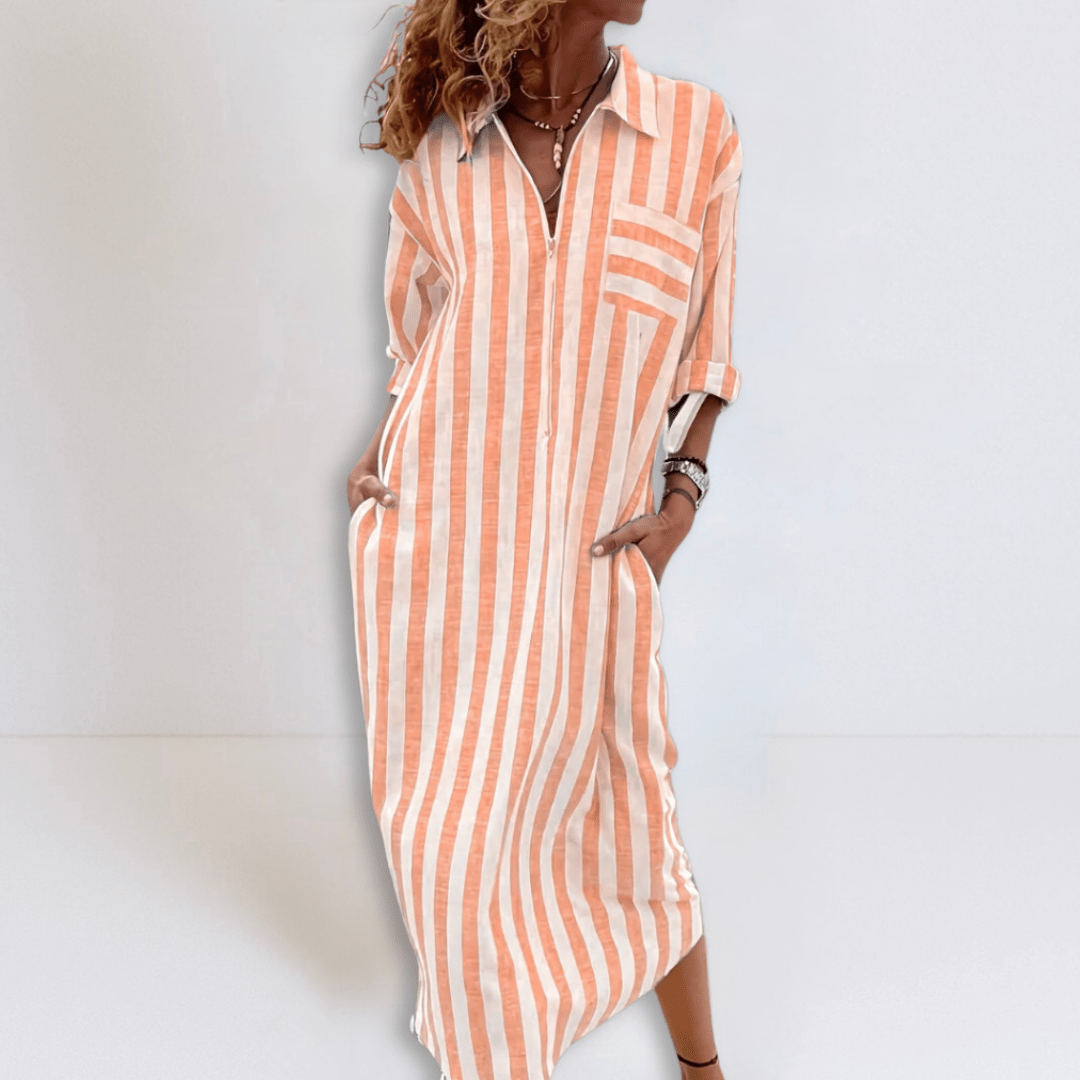 Michelle | Elegant Striped Dress with V - Neckline - Eline Carter