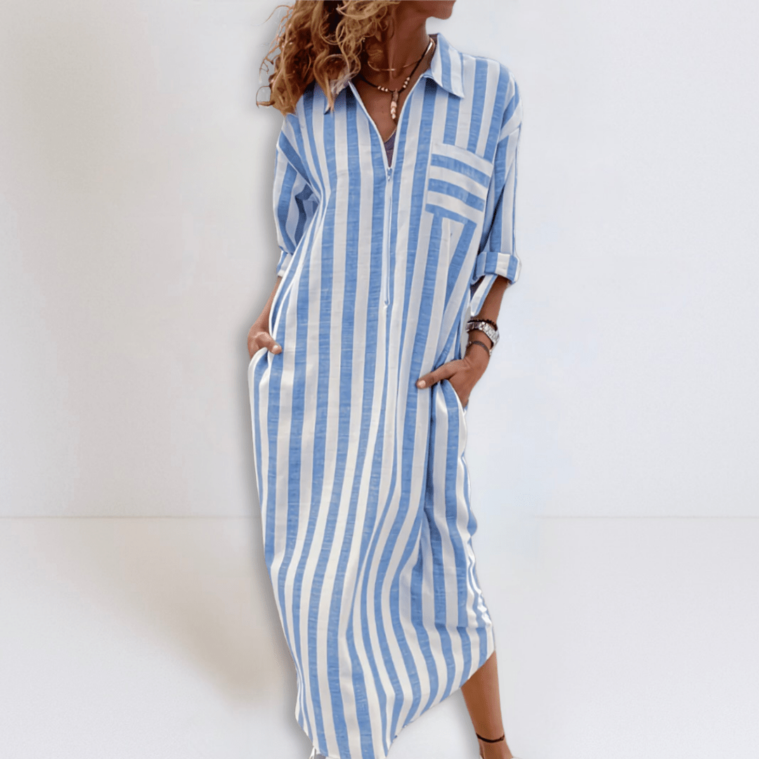 Michelle | Elegant Striped Dress with V - Neckline - Eline Carter
