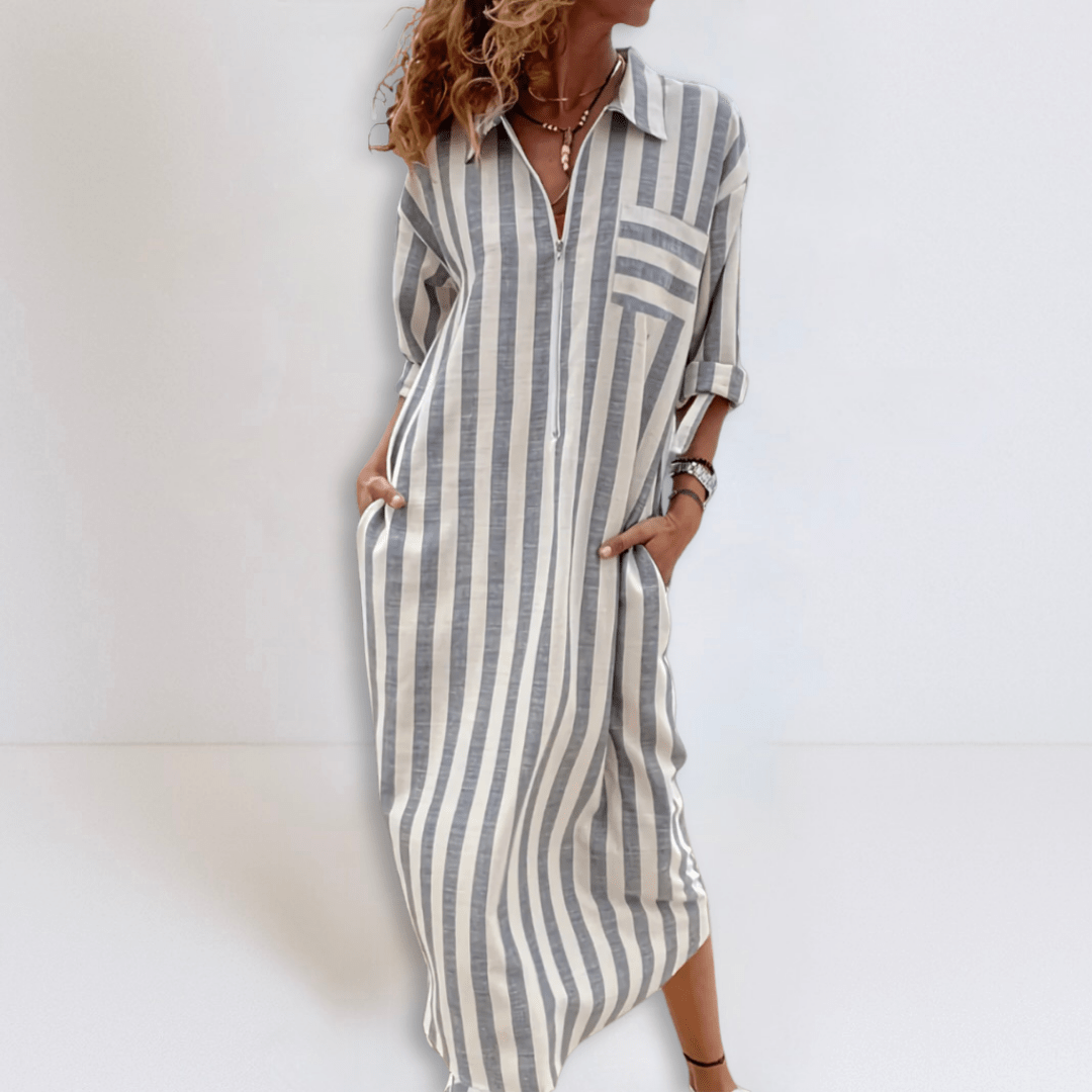 Michelle | Elegant Striped Dress with V - Neckline - Eline Carter
