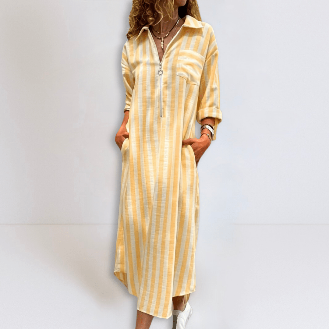 Michelle | Elegant Striped Dress with V - Neckline - Eline Carter