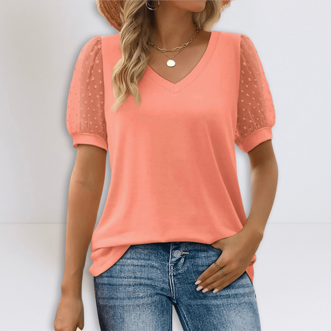 Linda | Sheer Sleeve V - Neck Top - Eline Carter