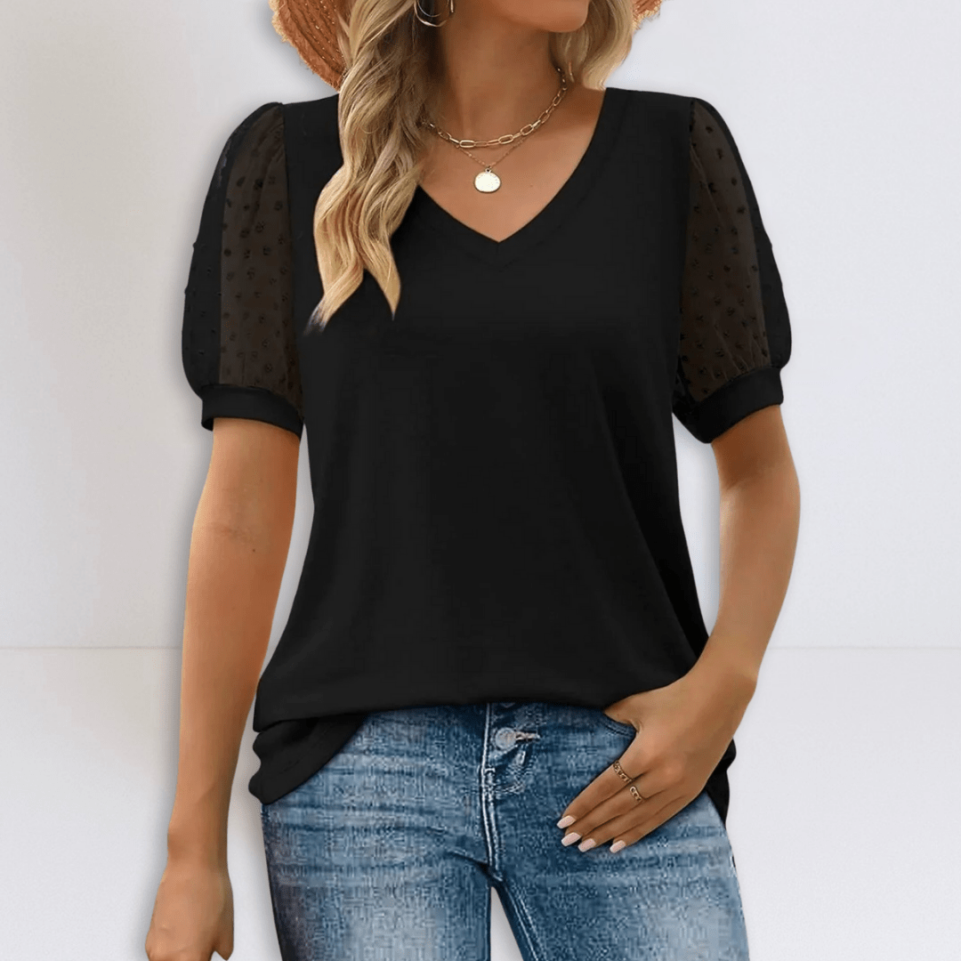 Linda | Sheer Sleeve V - Neck Top - Eline Carter