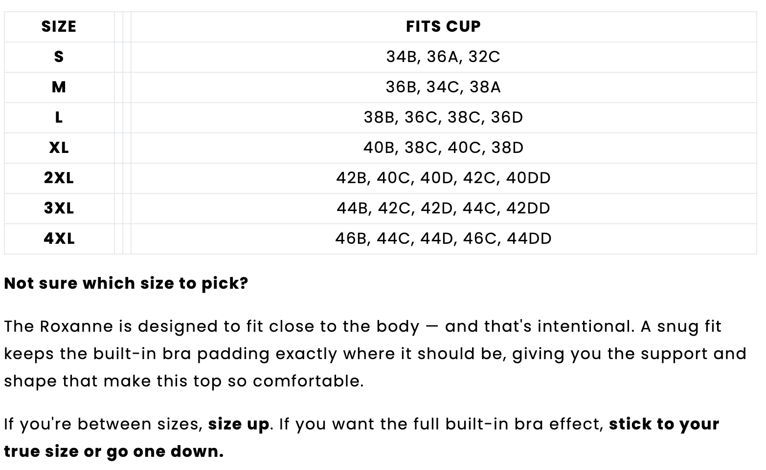 Size chart Roxanne Comfort Bra